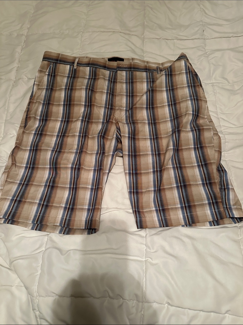 2 for $15 Men's Plaid Flat Front Shorts in Tan & Blue